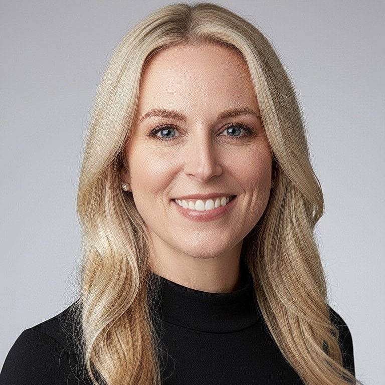 Professional woman with blonde hair, smiling.